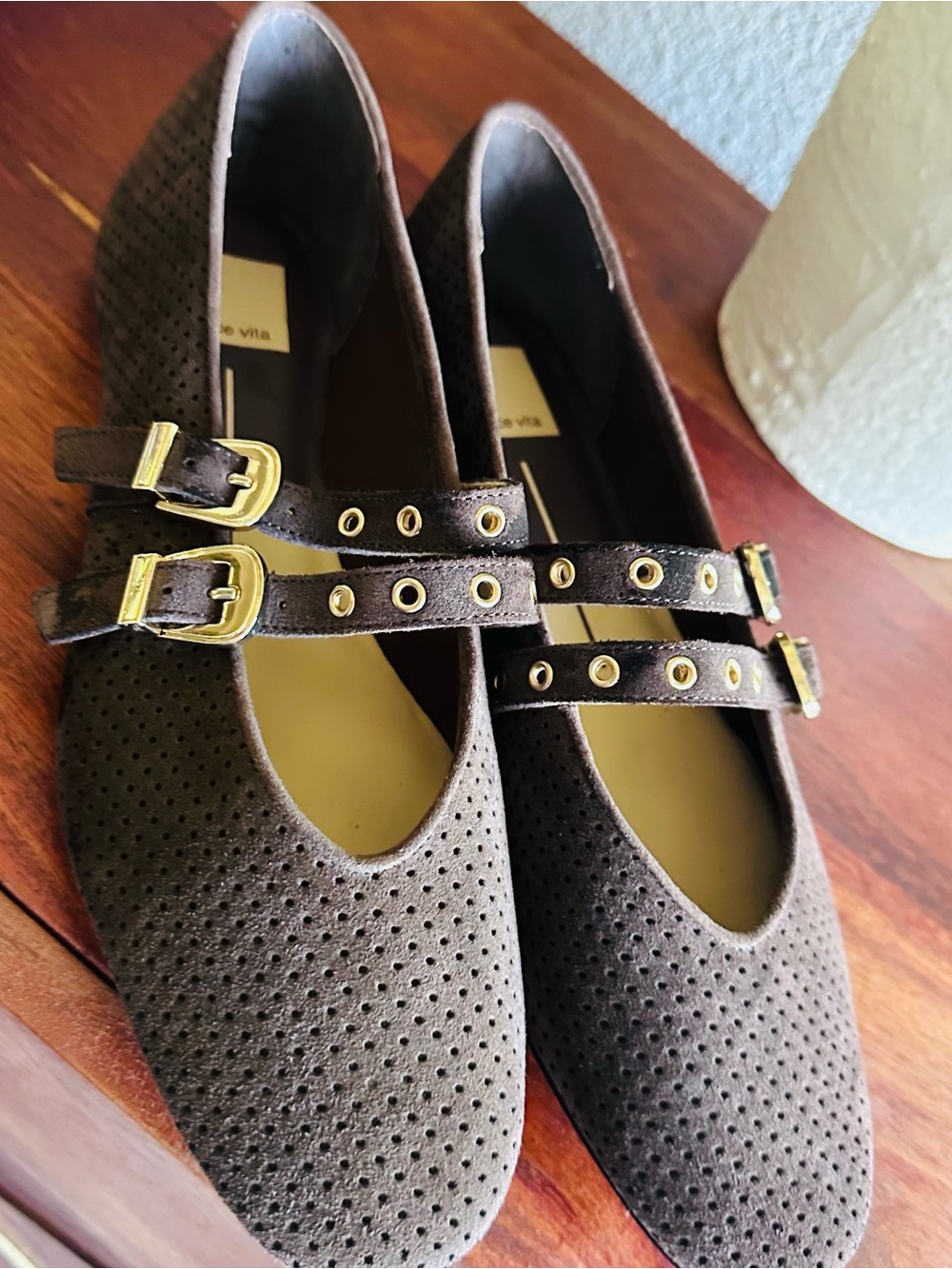 Dolce Vita Brown Perforated Suede Double-Strap Flats with Gold Buckles
